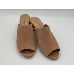 SCHUTZ Women Nude Suede Peep Toe Block Heel Mules Slip On Shoes Size 9B